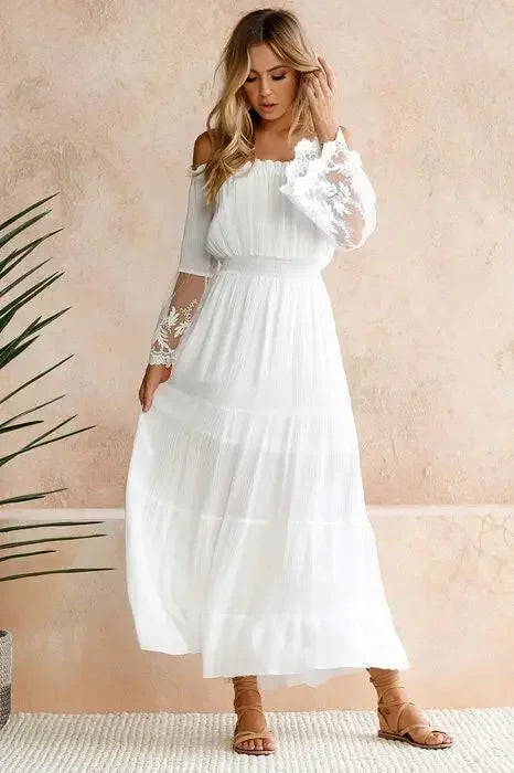 Sundress Swing Dress Women Elegant Long Sleeve Drawstring Slash Neck Lace Pleated Ruffle Loose Vacation Party Dresses Vestidos