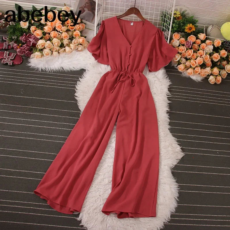 American Women Jumpsuits Fashion V Neck Lace up Loose Wide Legs Pants 2024 New Summer OL Solid Buttons Bodysuitsd