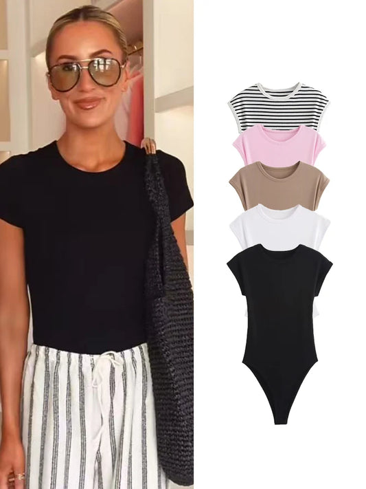 TFMLN Casual Basic Bodysuit For Women Summer New Short Sleeve Woman Simple Top Chic Bodycon Jumpsuit Romper Ladies 2025