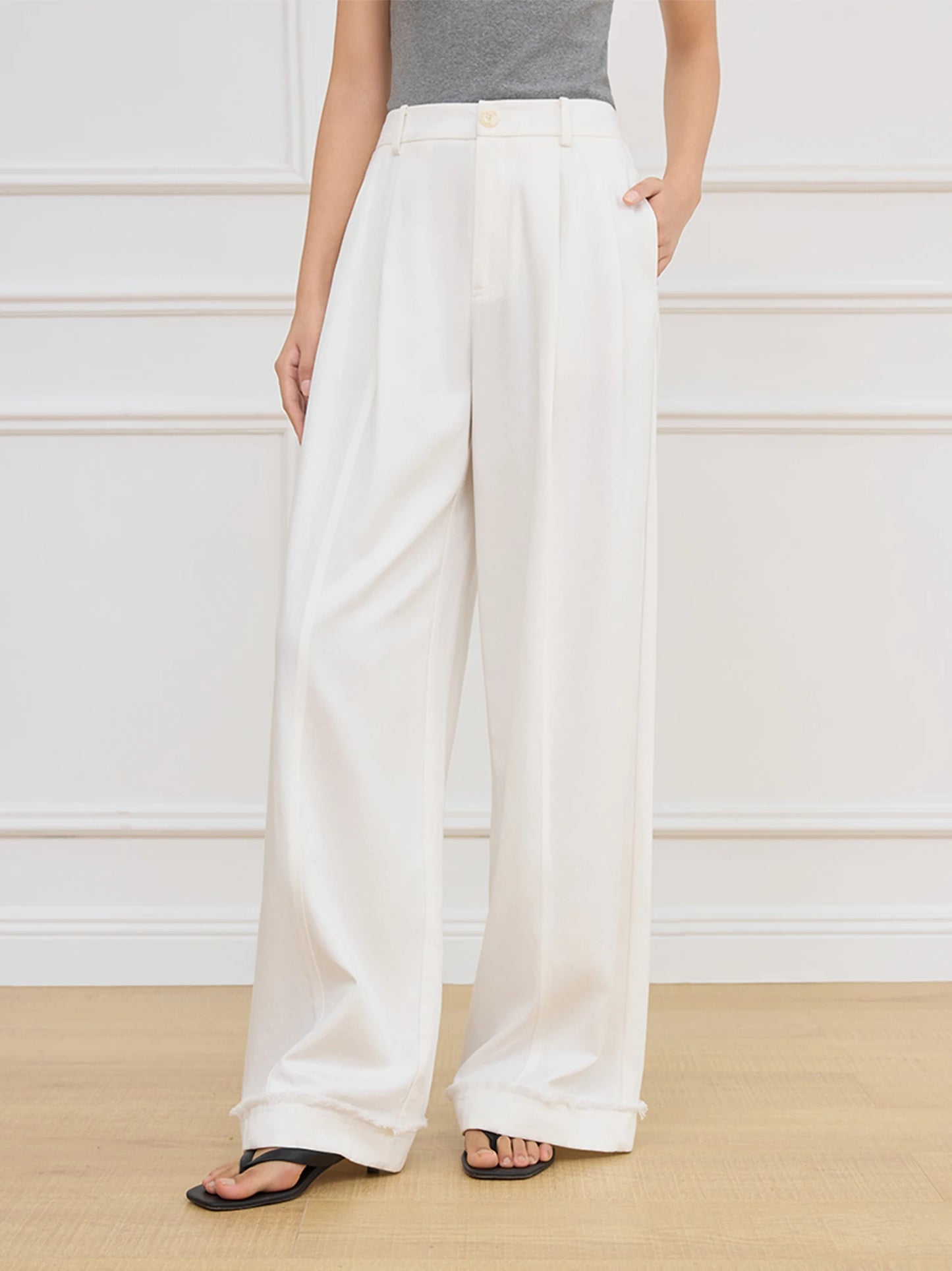 FSLE Women Beige Commuter Long Trousers Pleated Design All-Match High Waist Wide Leg Casual Pants Spring Trouser 25FS11049