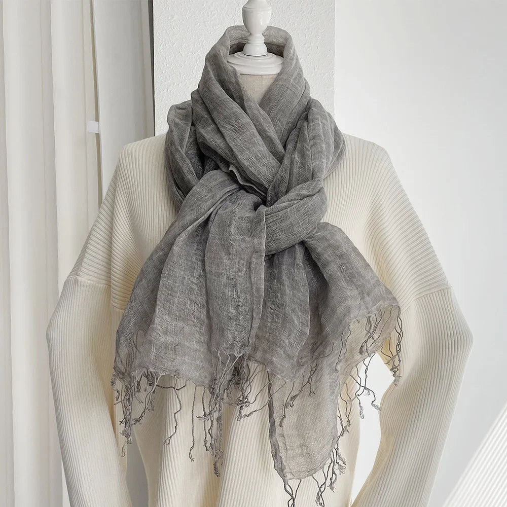 Summer Sunscreen Linen Scarf Women's Solid Tassel Shawl Art Forest Japanese and Korean Linen