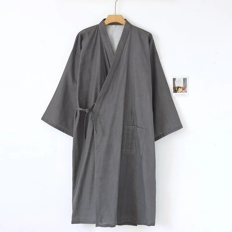 Japanese Kimono Pajama Tie Up Bathrobe Men's Spring Summer Thin Pure Cotton Color Woven Oversized Bathrobe Sweat Steamed Suit