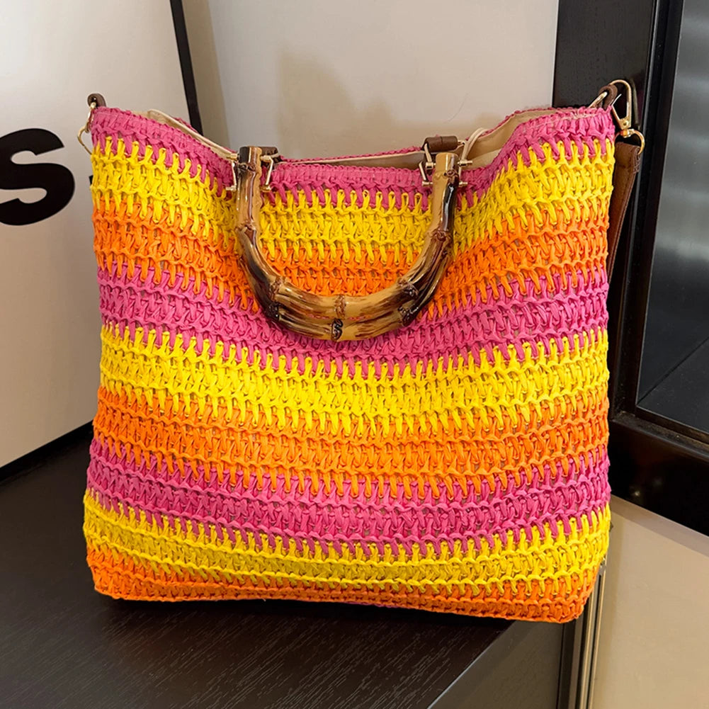 Women Straw Woven Handbag Handmade Straw Bag Large Capacity Tote Clutch Bags with Bamboo Handle Drawstring for Outdoor Travel