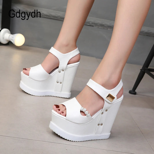 Gdgydh Summer Fish Mouth Thick Bottom Wedge Sandals Women Platform Heels Increased Height Metal Decoration White Crystal Party