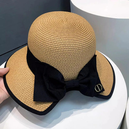 Summer Girls Sun Hats Wide Brim Bowknot Straw Hat with Ribbon Outdoor Sun Protection Women Hats Soild Color Ladies Panama Caps