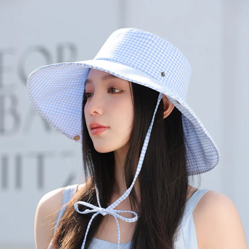 Summer Hat for Women Bucket Hat Plaid Wide Brim Sun Hat with Windproof Rope Sunshade Sun Hat Cycling Travel Fisherman Cap Korean
