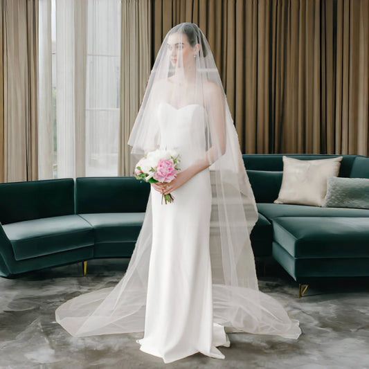 Sheer Bridal Veils with Blusher Wedding Veil Cover Front and Back 2 Tiers Cathedral Drop Style Veil Wedding Accessoires V131