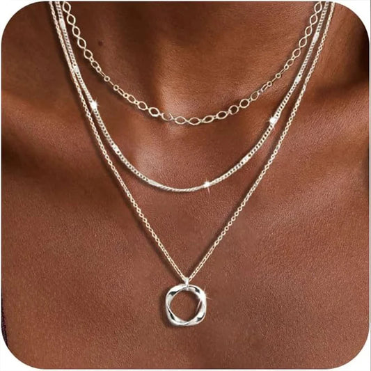 Layered 925 Silver Plated Stackable Stack Choker Necklaces Trendy Layering Circle Pendant Chain Necklace Jewelry for Women Girls