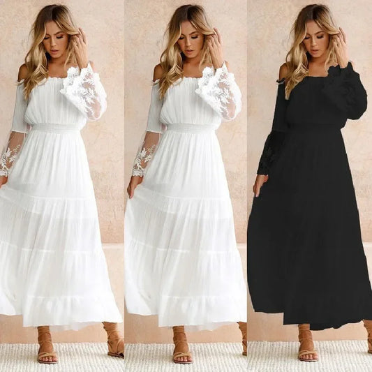 Sundress Swing Dress Women Elegant Long Sleeve Drawstring Slash Neck Lace Pleated Ruffle Loose Vacation Party Dresses Vestidos