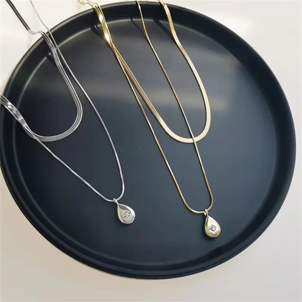 Double lLayer Water Droplet Necklace Popular, Niche, Simple, Layered Collarbone Chain, Sweet And Cool Style