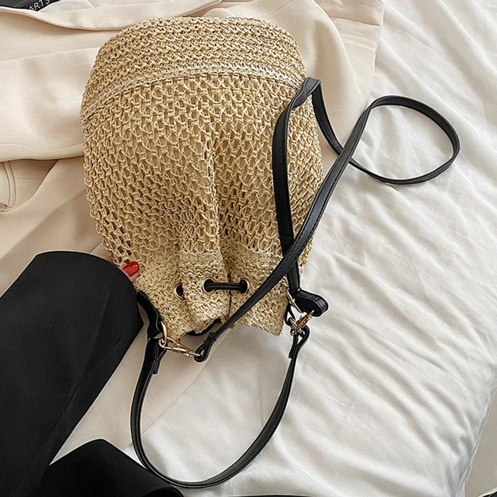 Summer Women Handbags Drawstring Straw Beach Crossbody Bags Adjustable Strap Casual Simple Portable Elegant for Weekend Vacation