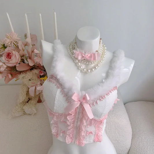 Lolita Style Crop Top Women Summer Cute Cropped Lace Trim Bow Decoration Sweet Lovely Slim Tops for Girls Kawaii Clothes