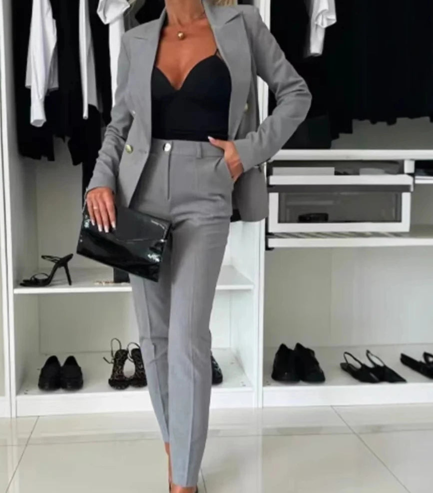 Two Piece Sets Woman Outfit 2025 Spring Solid Color Versatile Temperament Blazer Coat & Fashiona Casual Pocket Design Pants Set