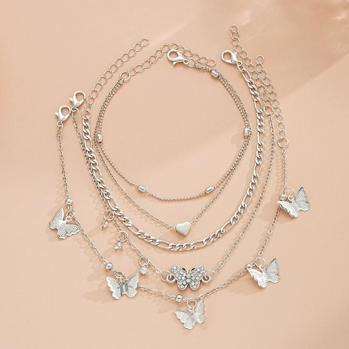 New Holiday Beach Butterfly Multi layer Foot Chain Creative Round Bead Peach Heart Chain Foot Chain Set 4-piece