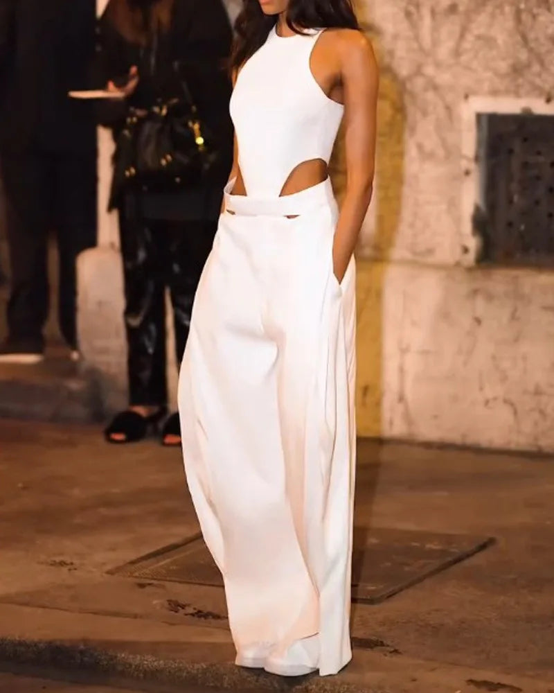 Fashion Jumpsuits For Women Summer O Neck Sleeveless Hollow Out Slim White Wide Leg Jumpsuit Girl High Street Chic Sexy Jumpsuit