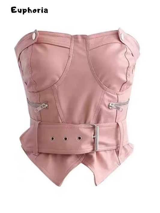 Casual Hotsweet Solid Color Sheath Sleeveless Strapless T-shirt 2025 Summer Women Sexy Coquette Slim Zipper Pink Club Tees Top