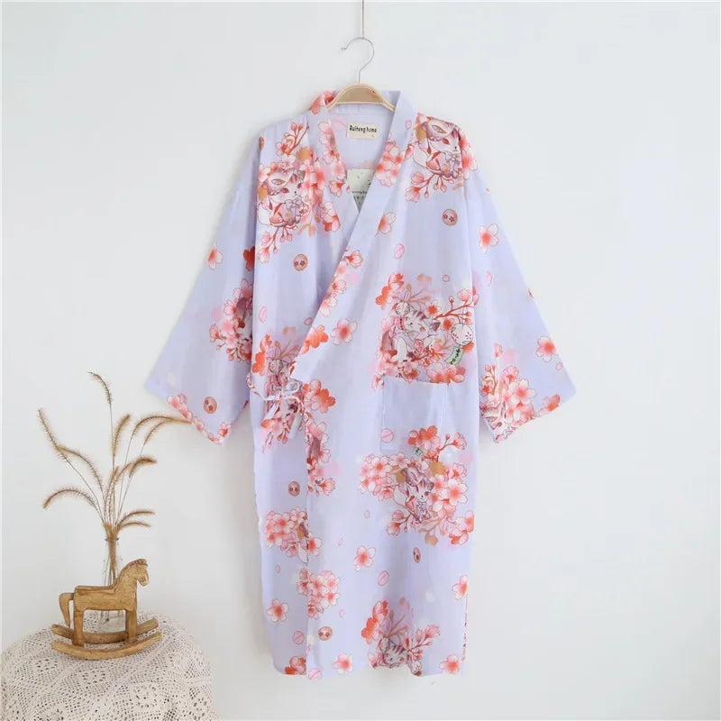 Japanese Style Kimono Pajama Robes Women's Summer Thin Cotton Gauze V-neck Simple Loose Nightgown Ladies Lounge Lace Up Bathrobe