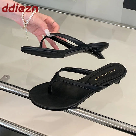 Heeled Slippers Slides Sandals Shoes For Women Beach Fashion Round Toe Ladies Low Heel Slippers Shoes Female Flip flops Pumps