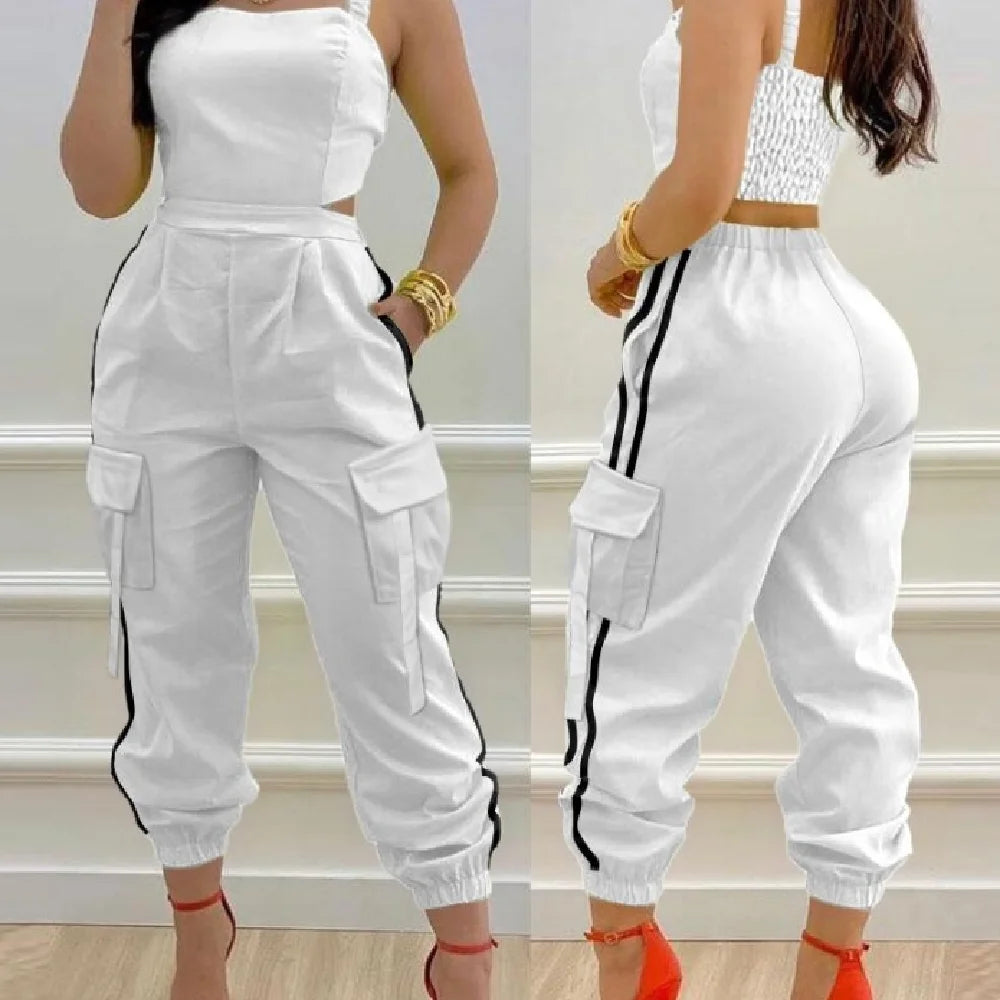 Women's Jumpsuit Fashionable New Contrast Paneled Square Neck Sleeveless Jumpsuit Casual Shirred Pocket Design Cargo Romper