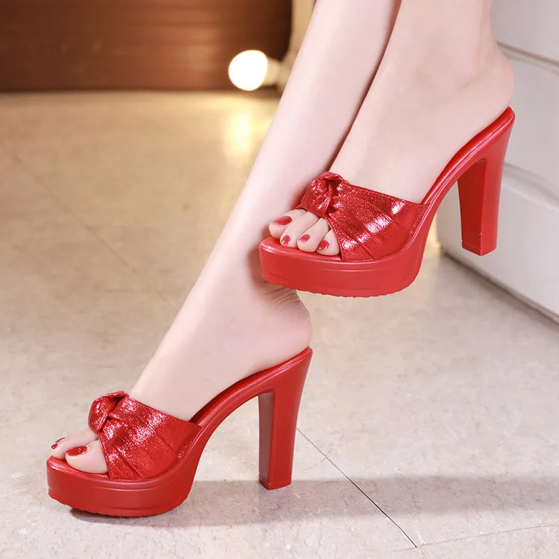 High heels platform slippers woman wedding shoes summer open head bow high heels slippery ladies slippers