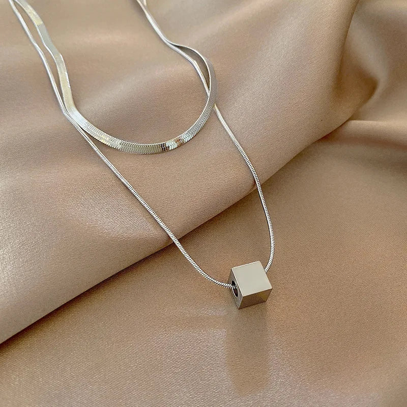Layered Double-layer Geometric Titanium Steel Necklace Two-piece Set for Women Collarbone Chain