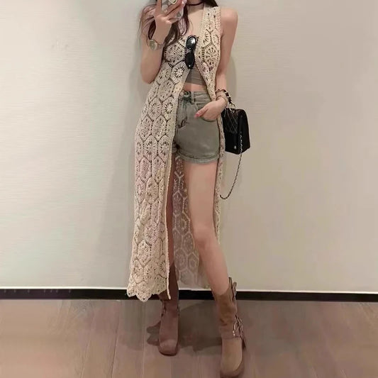 Longline Crochet Cardigan Button Front Sleeveless Sheer Open-knit Long Cover-up Jacket Women Summer Beach Vacation Outfit