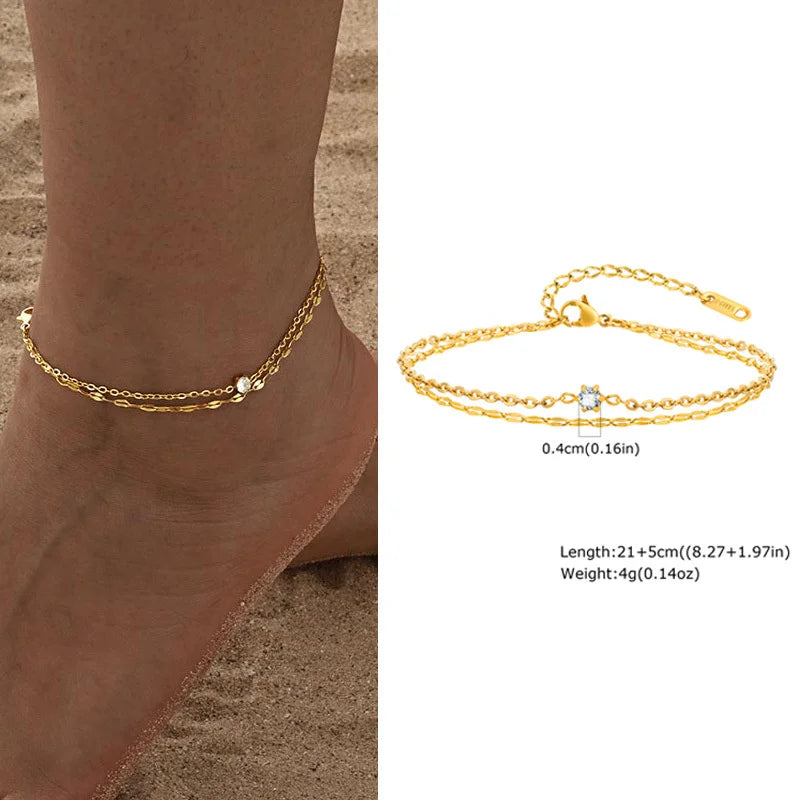 Waterproof Layered Anklet Bracelet for Women, Adjustable Gold Plated with Zirconia Stainless Steel Link Foot Chain Jewelry