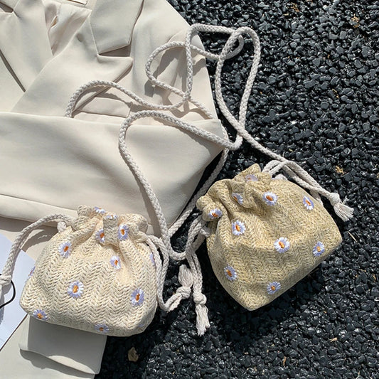 Straw Weave Bucket Bags Rattan Women Summer Beach Shoulder Bags Handbags Totes Casual Handbags Retro Mini Shoulder Bag