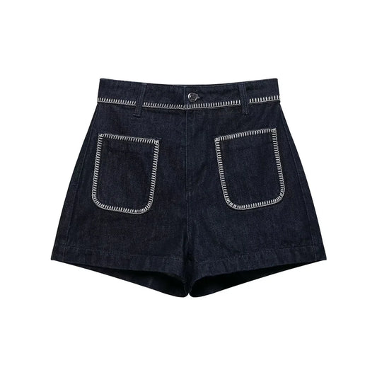 2025 new women's casual and elegant design with European and American retro style embroidery and stitching denim shorts