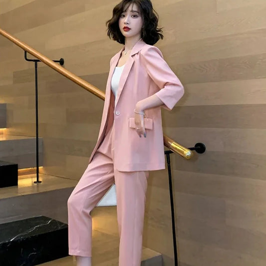 Two Piece Set Pants for Women Trouser Suit Pink Womens 2 Pant Sets Outfit Capris and Blazer Baggy with Sleeve Chic Elegant Cheap