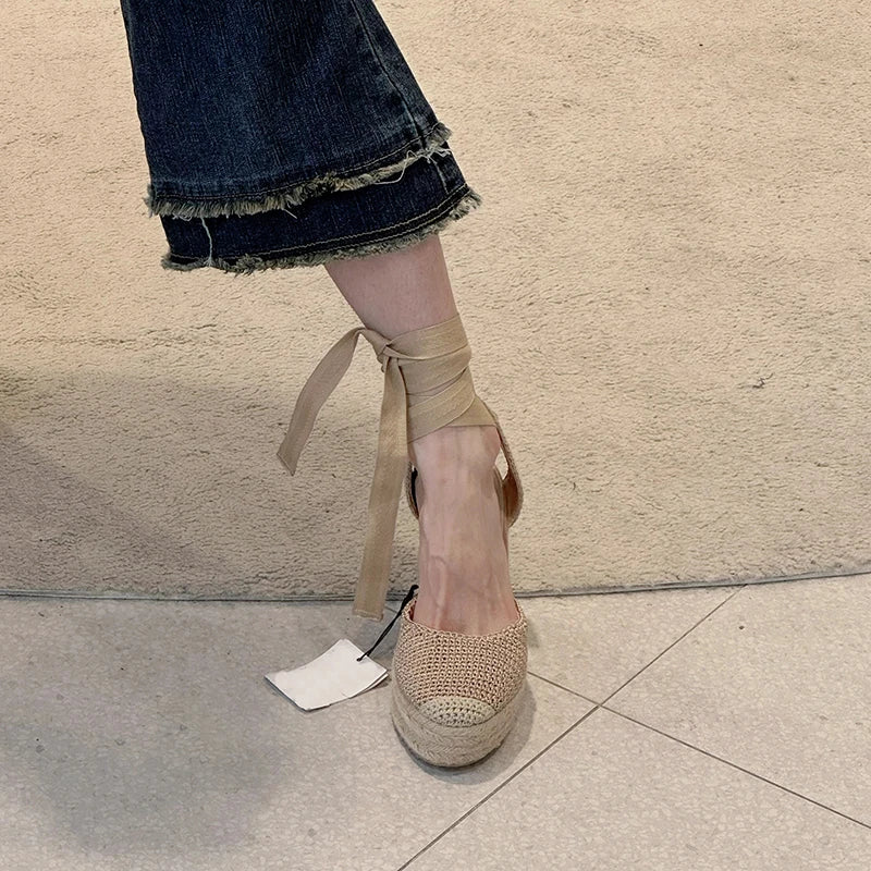 Wedges Platform Sandals Espadrilles Ankle Lace Up Round Toe Hollow Vintage Holidays Shoes Slingback Unique Women Summer Footwear