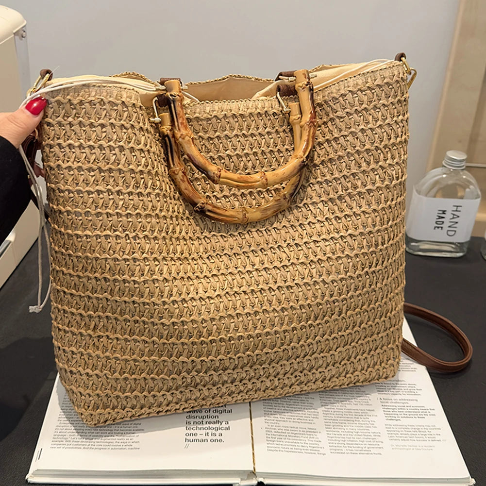 Women Straw Woven Handbag Handmade Straw Bag Large Capacity Tote Clutch Bags with Bamboo Handle Drawstring for Outdoor Travel