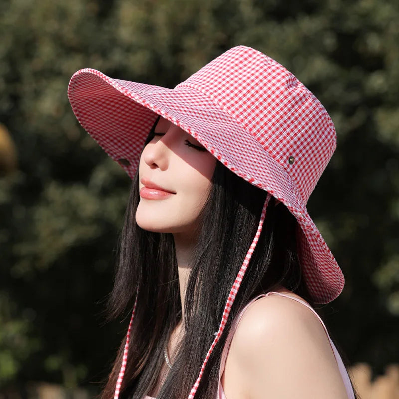 Summer Hat for Women Bucket Hat Plaid Wide Brim Sun Hat with Windproof Rope Sunshade Sun Hat Cycling Travel Fisherman Cap Korean