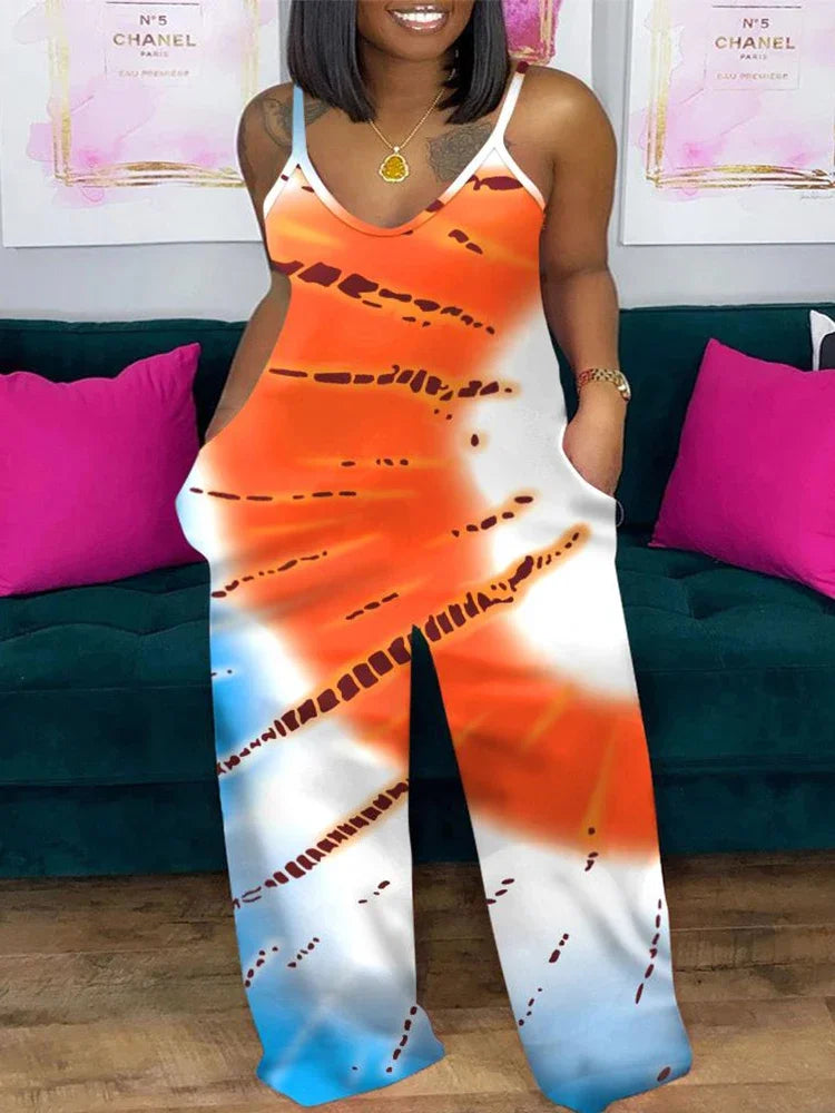 Jumpsuits for Women 2025 Spring Fashion Geometric Print Spaghetti Strap Casual V-Neck Sleeveless Pocket Design Long Jumpsuit