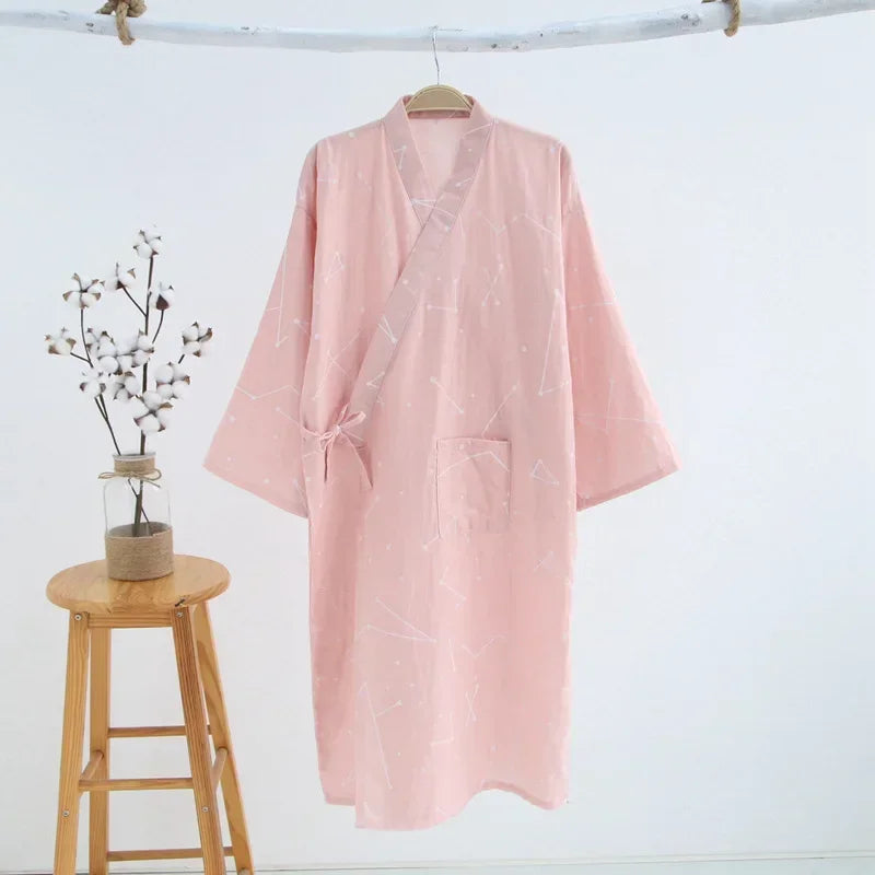 Japanese Style Kimono Pajama Robes Women's Summer Thin Cotton Gauze V-neck Simple Loose Nightgown Ladies Lounge Lace Up Bathrobe