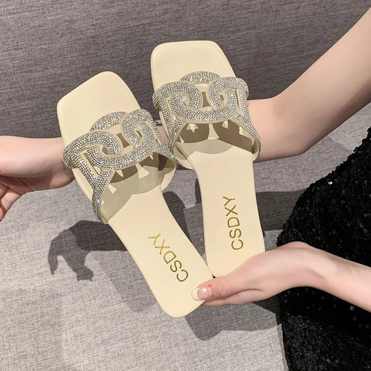 Summer Sandals for Women Flat Sandal Sparkle Rhinestone Slide Trendy Women's Beach Sparkly Dressy Slip on Bling Casual Shoes