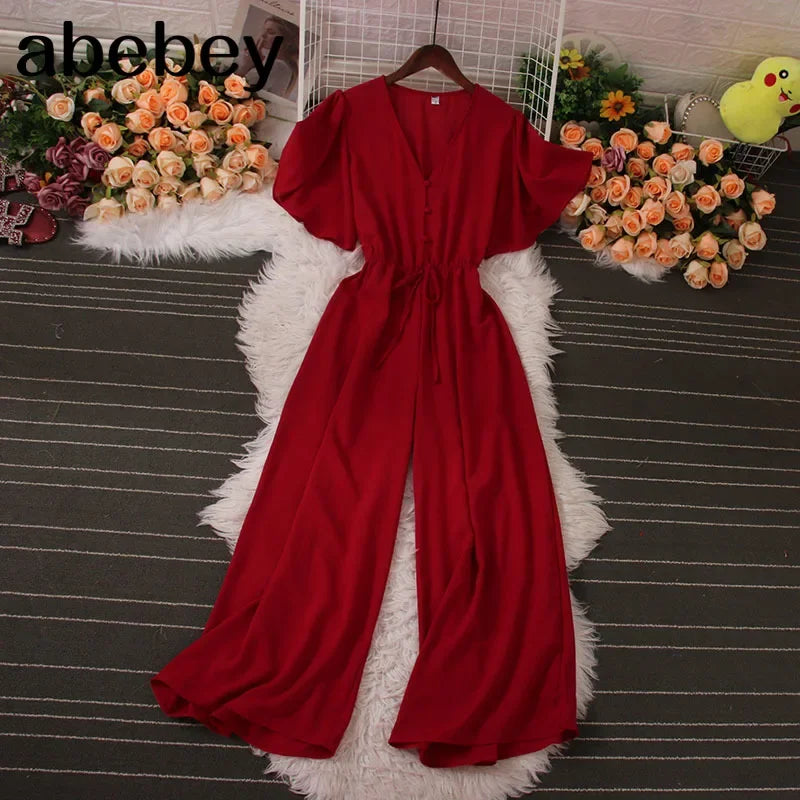 American Women Jumpsuits Fashion V Neck Lace up Loose Wide Legs Pants 2024 New Summer OL Solid Buttons Bodysuitsd