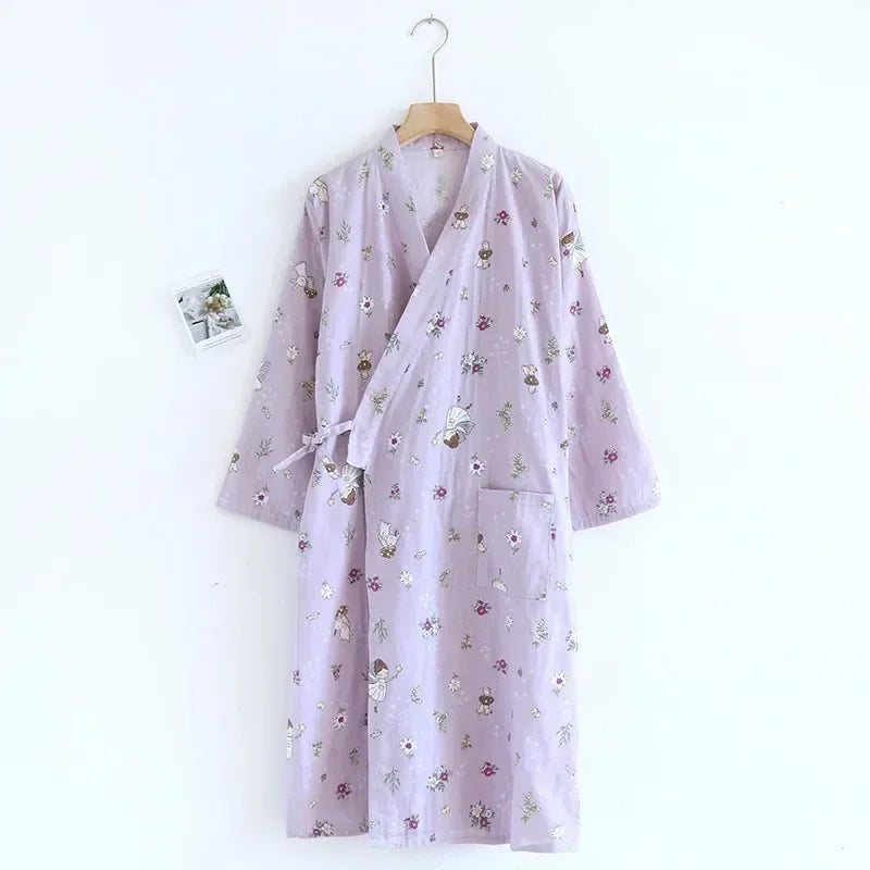 Japanese Style Kimono Pajama Robes Women's Summer Thin Cotton Gauze V-neck Simple Loose Nightgown Ladies Lounge Lace Up Bathrobe