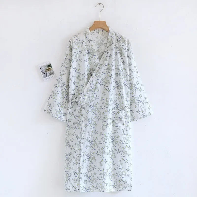 Japanese Style Kimono Pajama Robes Women's Summer Thin Cotton Gauze V-neck Simple Loose Nightgown Ladies Lounge Lace Up Bathrobe