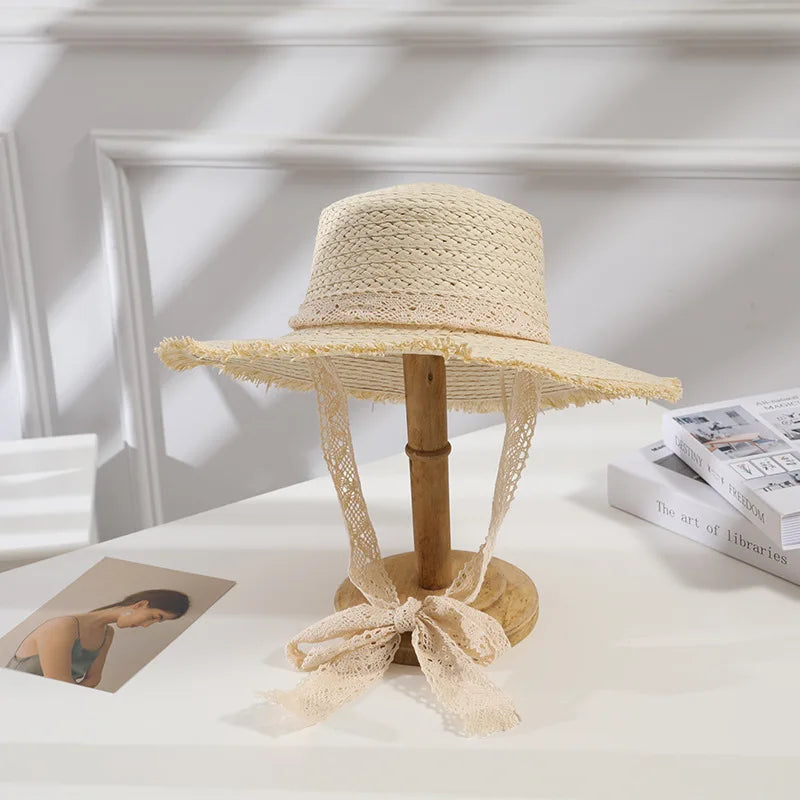Summer Women Sun Hats Handmade Woven Straw Hat with Lace Ribbons Flat Top Holiday Sunscreen Beach Cap Vacation Hat