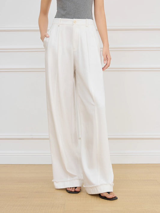 FSLE Women Beige Commuter Long Trousers Pleated Design All-Match High Waist Wide Leg Casual Pants Spring Trouser 25FS11049