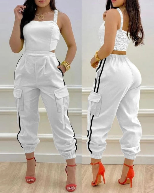 Women's Jumpsuit Fashionable New Contrast Paneled Square Neck Sleeveless Jumpsuit Casual Shirred Pocket Design Cargo Romper
