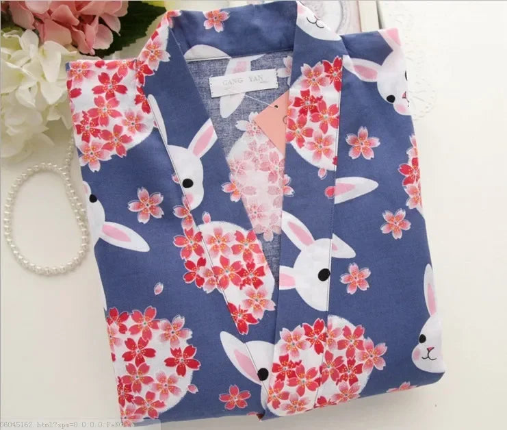 Japanese Style Kimono Pajama Robes Women's Summer Thin Cotton Gauze V-neck Simple Loose Nightgown Ladies Lounge Lace Up Bathrobe