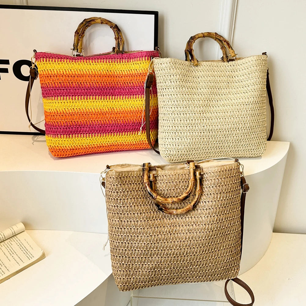 Women Straw Woven Handbag Handmade Straw Bag Large Capacity Tote Clutch Bags with Bamboo Handle Drawstring for Outdoor Travel
