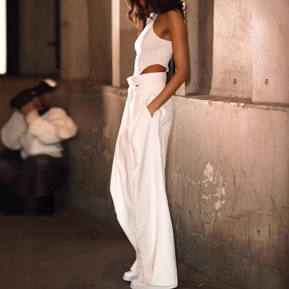 Fashion Jumpsuits For Women Summer O Neck Sleeveless Hollow Out Slim White Wide Leg Jumpsuit Girl High Street Chic Sexy Jumpsuit