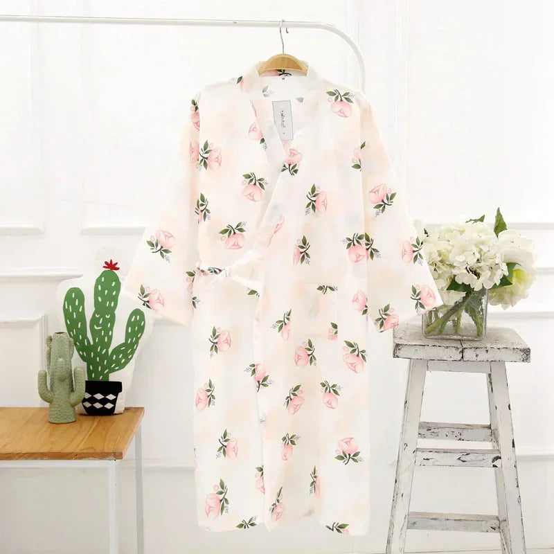 Japanese Style Kimono Pajama Robes Women's Summer Thin Cotton Gauze V-neck Simple Loose Nightgown Ladies Lounge Lace Up Bathrobe