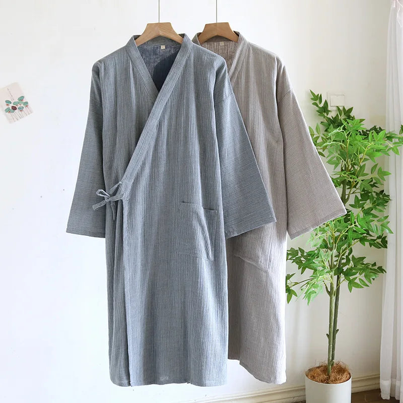 Japanese Kimono Pajama Tie Up Bathrobe Men's Spring Summer Thin Pure Cotton Color Woven Oversized Bathrobe Sweat Steamed Suit