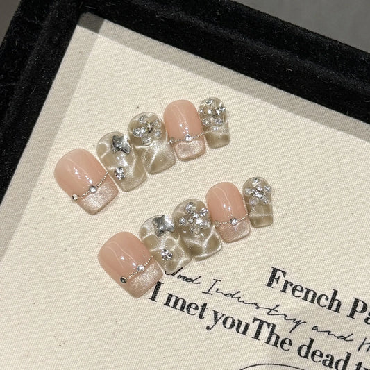 10 pcs Luxury Handmade Press on Nails Middle square French princess Design False Nails with 4-PIECE Tool Adhesive Nail Glue Tabs