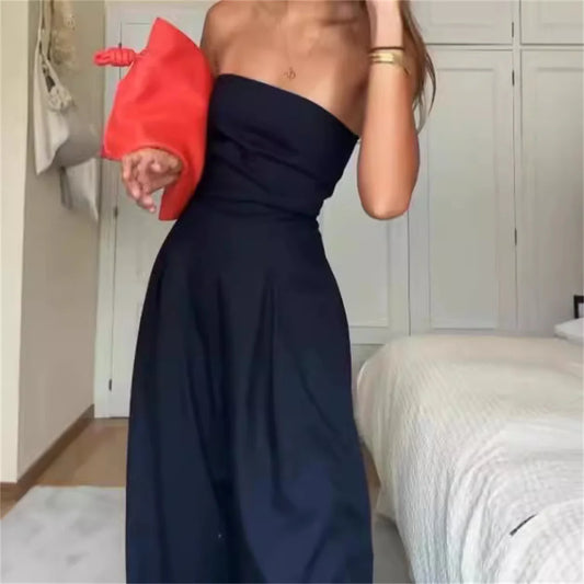Solid Backless Women's Jumpsuit Solid Off Shoulder Waist Cinching Pockets Wide Leg Pants Lady Bodysuit Summer Female Outwears