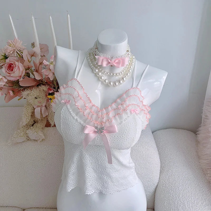 Lolita Style Crop Top Women Summer Cute Cropped Lace Trim Bow Decoration Sweet Lovely Slim Tops for Girls Kawaii Clothes